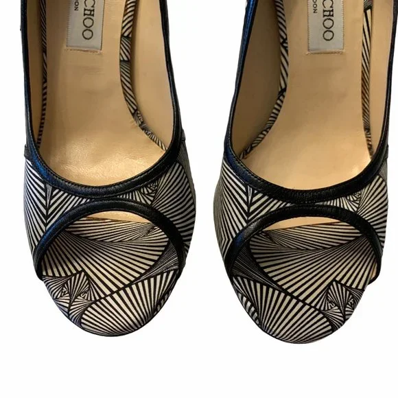 Jimmy Choo Hardy Silk Peep Toe Pumps Art Deco Print Nappa Leather 40.5 1…